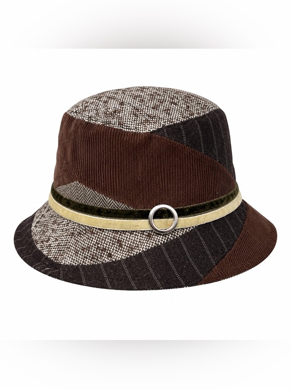 Y2K Tuscan Mom Aesthetic Patchwork Bucket Hat Brown Corduroy Wool Boho O/S